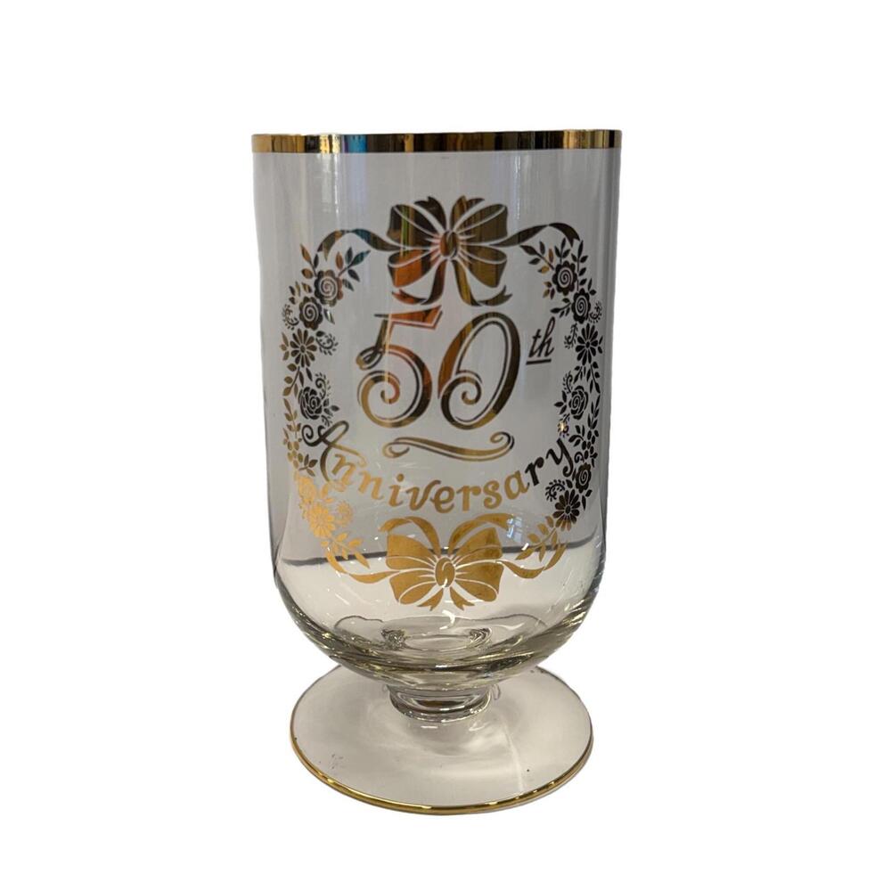 Vintage 50th Anniversary Clear Glass 7” 22K Gold Lotus Style Candy Jar